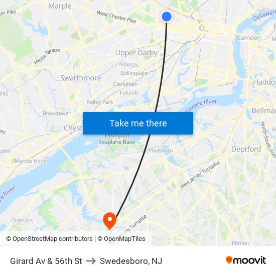Girard Av & 56th St to Swedesboro, NJ map