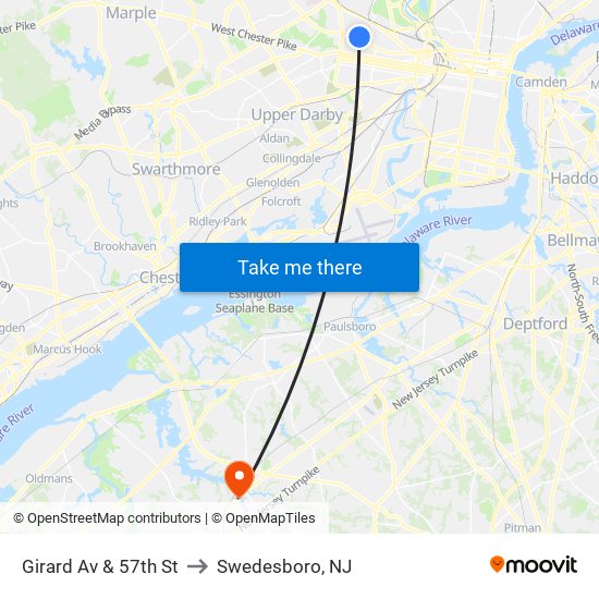 Girard Av & 57th St to Swedesboro, NJ map