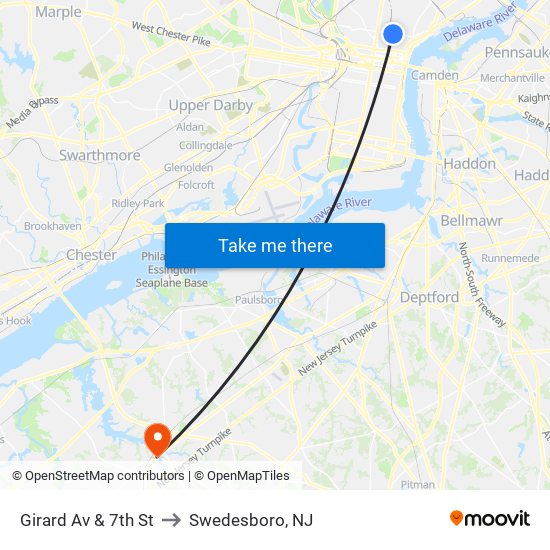 Girard Av & 7th St to Swedesboro, NJ map