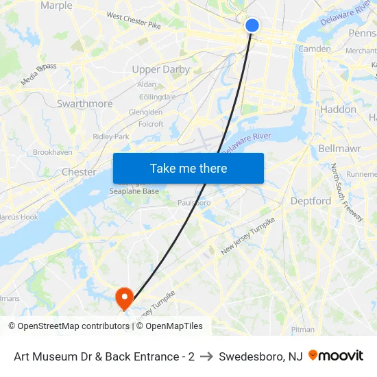 Art Museum Dr & Back Entrance - 2 to Swedesboro, NJ map