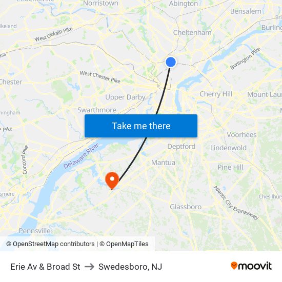 Erie Av & Broad St to Swedesboro, NJ map