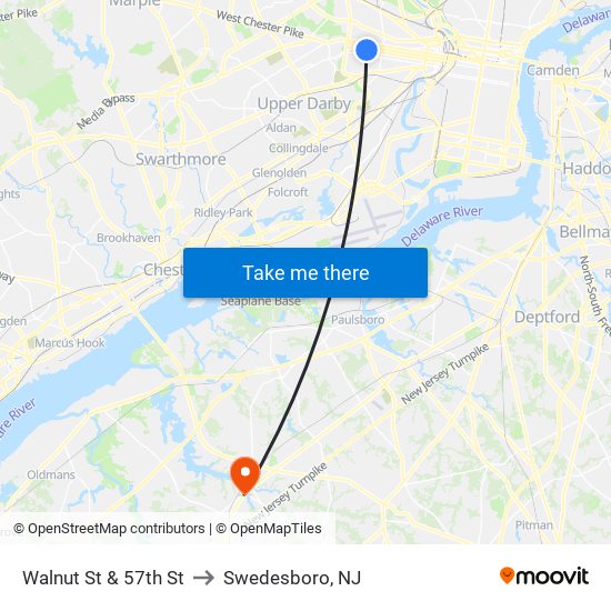 Walnut St & 57th St to Swedesboro, NJ map