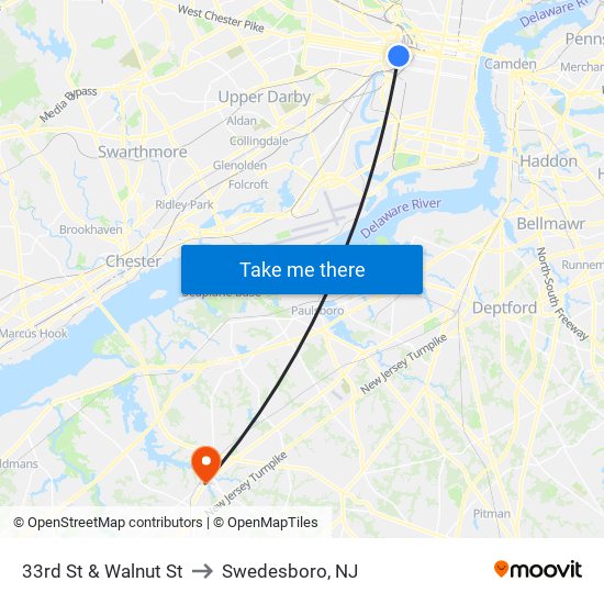 33rd St & Walnut St to Swedesboro, NJ map
