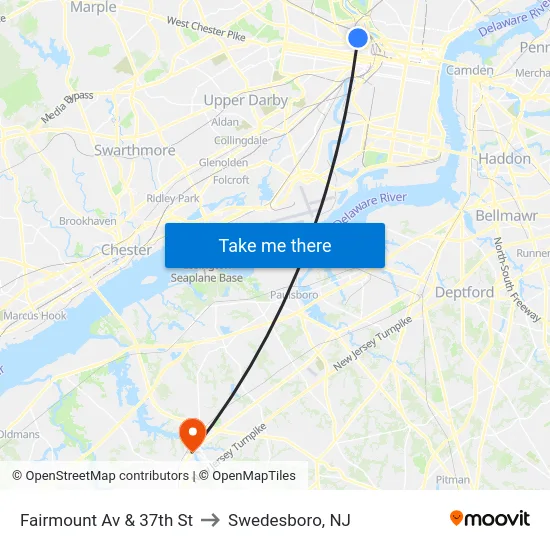 Fairmount Av & 37th St to Swedesboro, NJ map