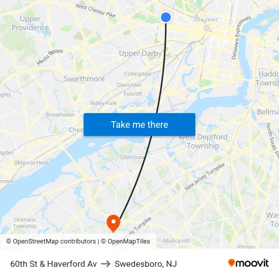 60th St & Haverford Av to Swedesboro, NJ map