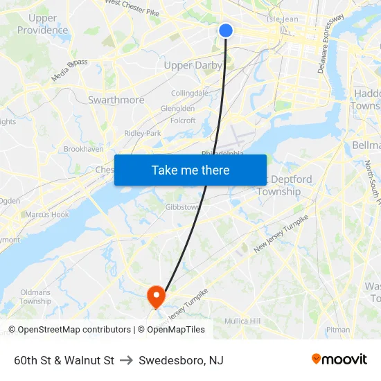 60th St & Walnut St to Swedesboro, NJ map