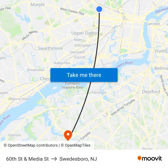 60th St & Media St to Swedesboro, NJ map