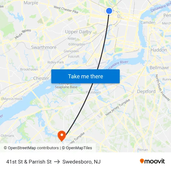 41st St & Parrish St to Swedesboro, NJ map