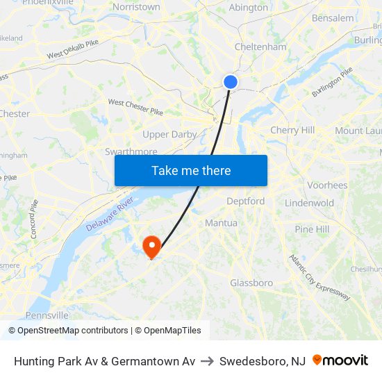 Hunting Park Av & Germantown Av to Swedesboro, NJ map