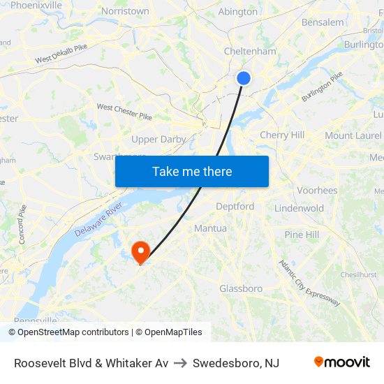 Roosevelt Blvd & Whitaker Av to Swedesboro, NJ map