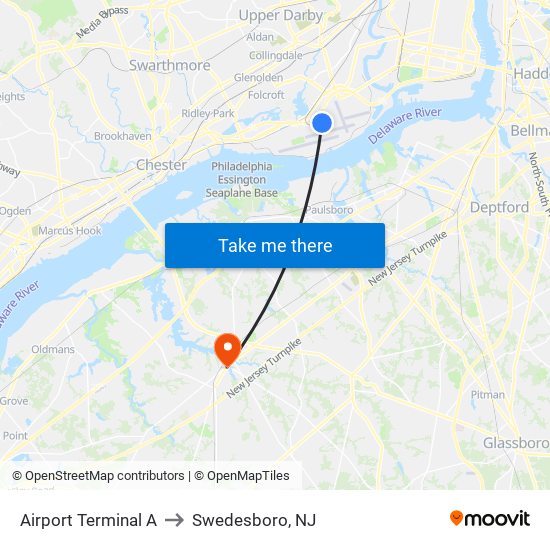 Airport Terminal A to Swedesboro, NJ map