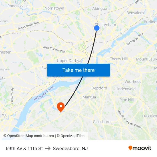 69th Av & 11th St to Swedesboro, NJ map