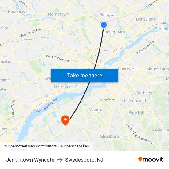 Jenkintown Wyncote to Swedesboro, NJ map