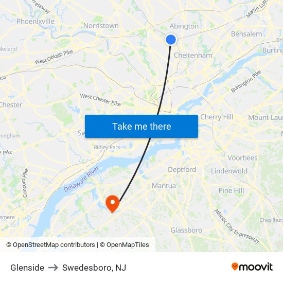 Glenside to Swedesboro, NJ map