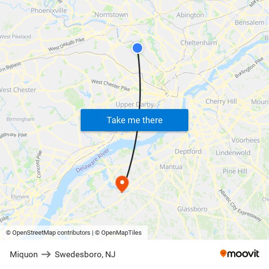 Miquon to Swedesboro, NJ map