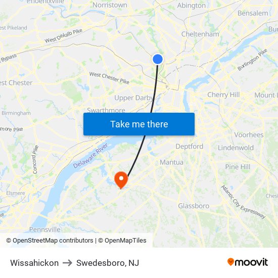 Wissahickon to Swedesboro, NJ map