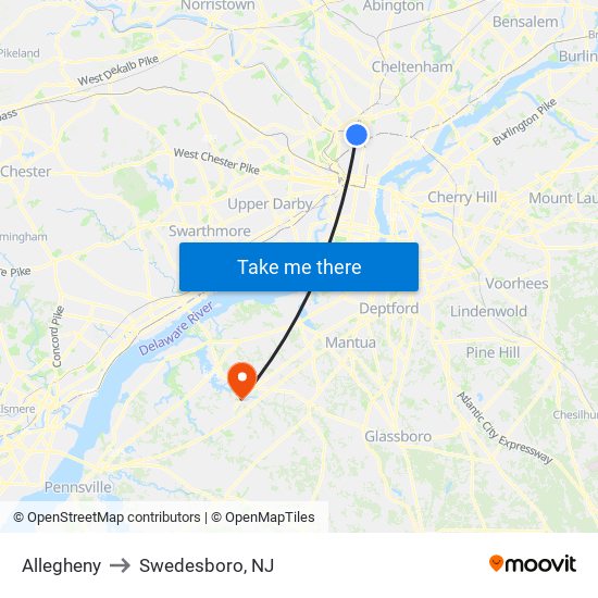 Allegheny to Swedesboro, NJ map