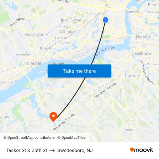 Tasker St & 25th St to Swedesboro, NJ map