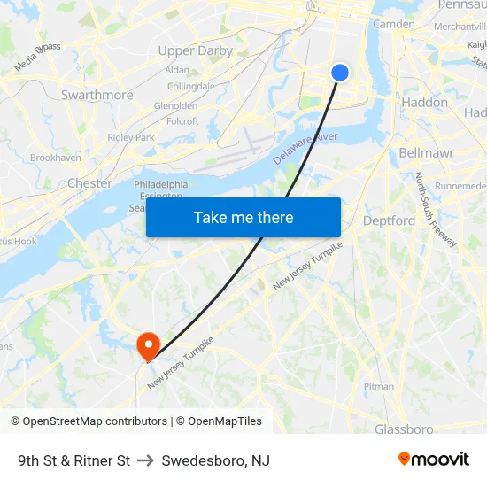 9th St & Ritner St to Swedesboro, NJ map