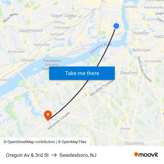 Oregon Av & 3rd St to Swedesboro, NJ map
