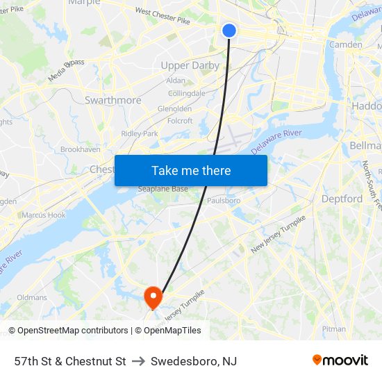 57th St & Chestnut St to Swedesboro, NJ map