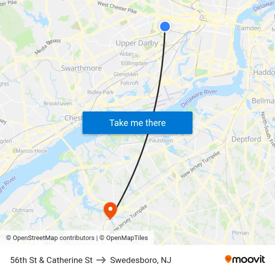 56th St & Catherine St to Swedesboro, NJ map