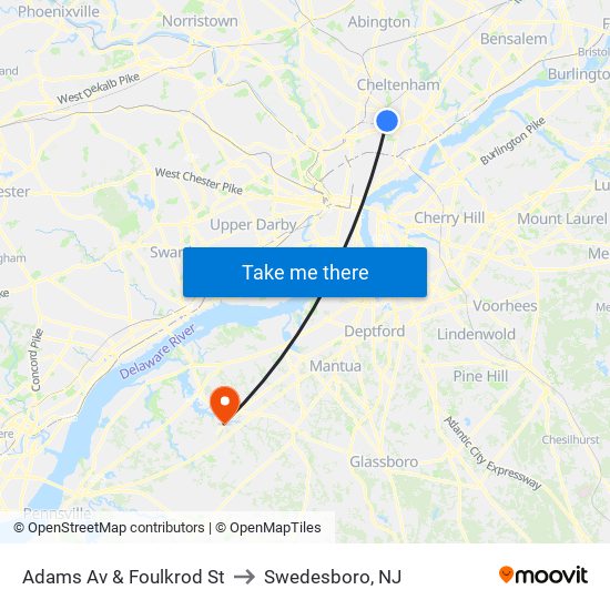 Adams Av & Foulkrod St to Swedesboro, NJ map