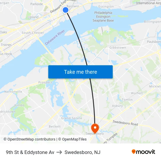 9th St & Eddystone Av to Swedesboro, NJ map