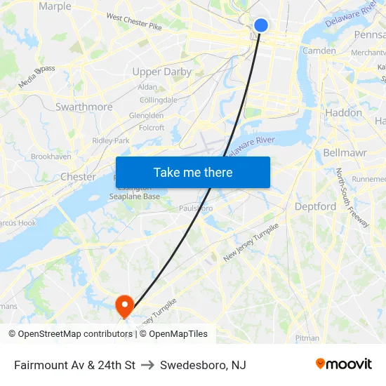 Fairmount Av & 24th St to Swedesboro, NJ map