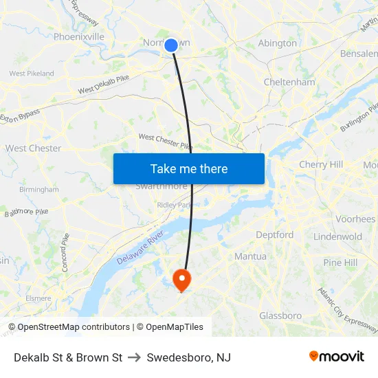 Dekalb St & Brown St to Swedesboro, NJ map