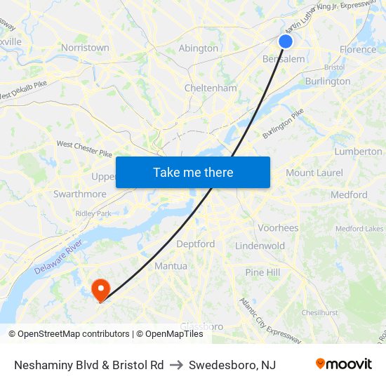 Neshaminy Blvd & Bristol Rd to Swedesboro, NJ map