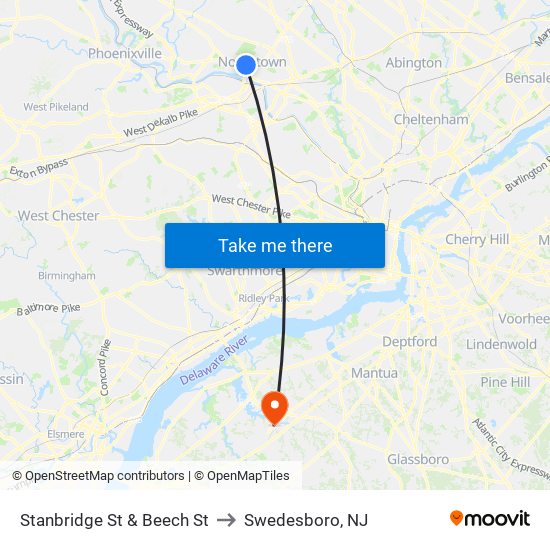 Stanbridge St & Beech St to Swedesboro, NJ map