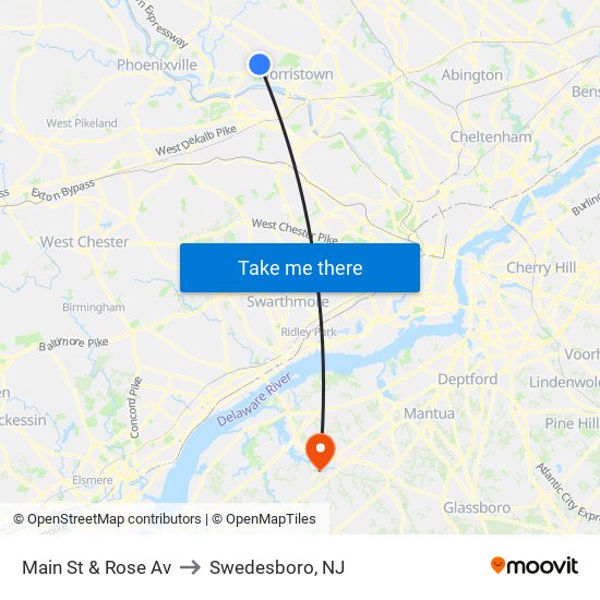 Main St & Rose Av to Swedesboro, NJ map