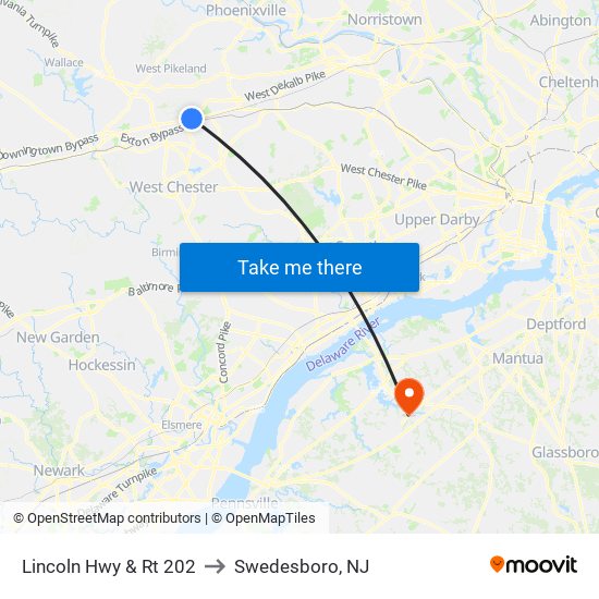 Lincoln Hwy & Rt 202 to Swedesboro, NJ map