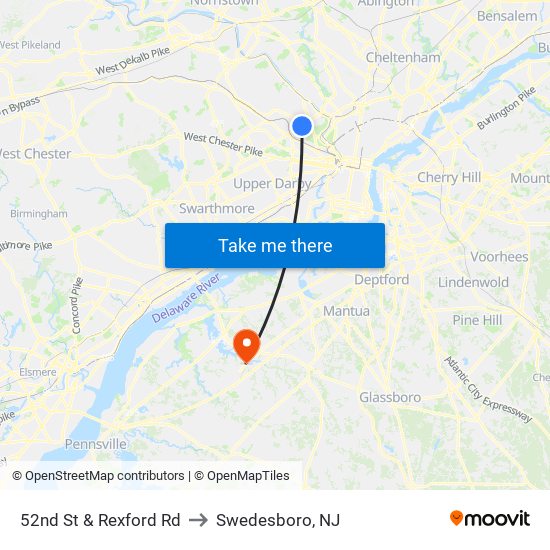 52nd St & Rexford Rd to Swedesboro, NJ map