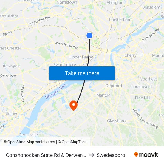 Conshohocken State Rd & Derwen Rd to Swedesboro, NJ map