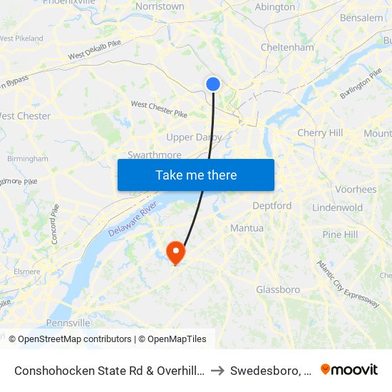 Conshohocken State Rd & Overhill Rd to Swedesboro, NJ map