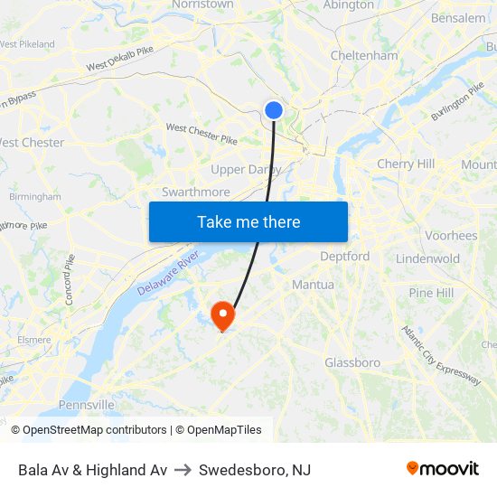 Bala Av & Highland Av to Swedesboro, NJ map