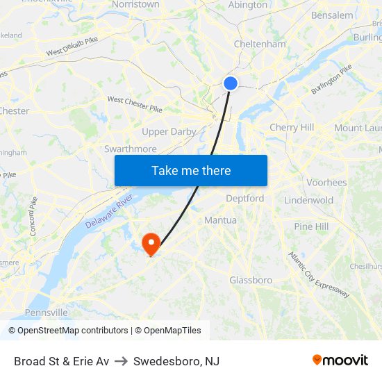 Broad St & Erie Av to Swedesboro, NJ map