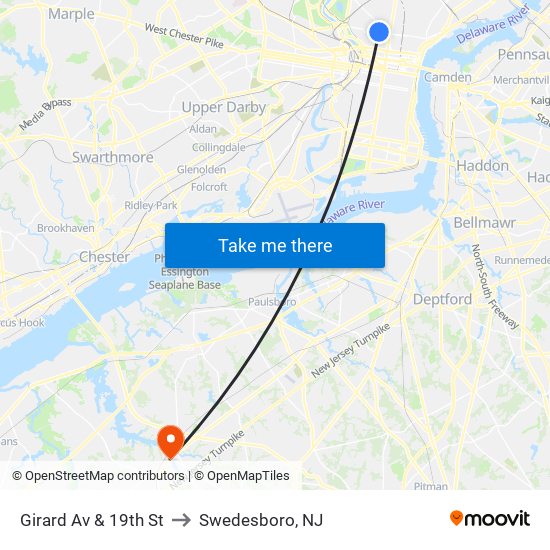Girard Av & 19th St to Swedesboro, NJ map