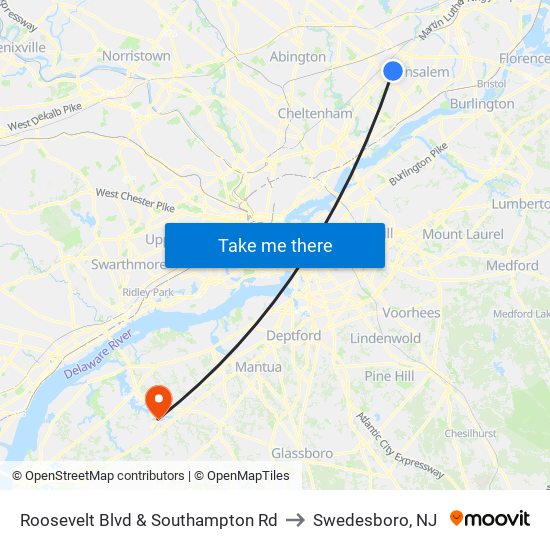 Roosevelt Blvd & Southampton Rd to Swedesboro, NJ map