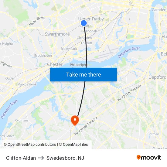 Clifton-Aldan to Swedesboro, NJ map