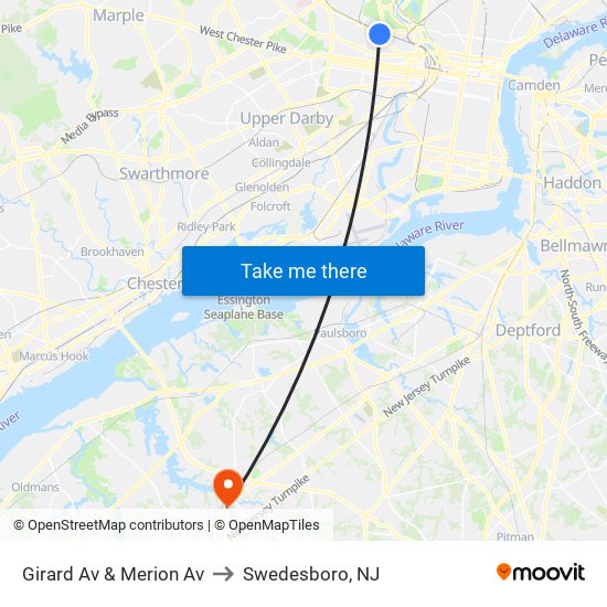 Girard Av & Merion Av to Swedesboro, NJ map