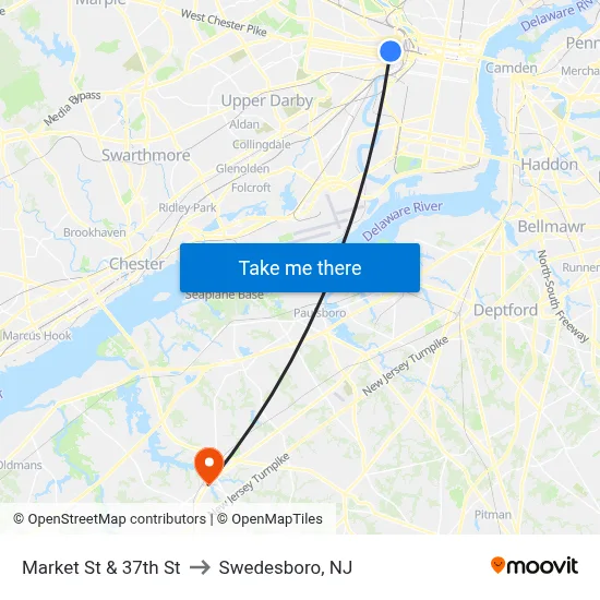 Market St & 37th St to Swedesboro, NJ map