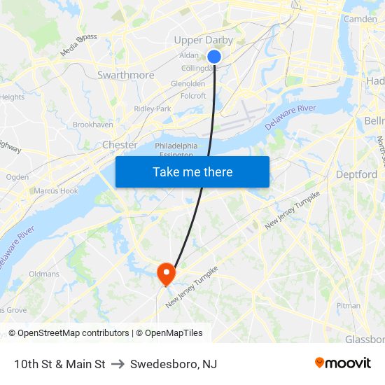 10th St & Main St to Swedesboro, NJ map