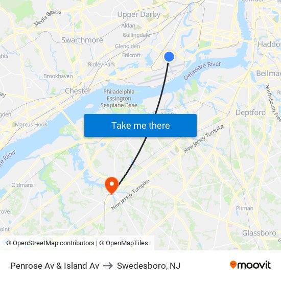 Penrose Av & Island Av to Swedesboro, NJ map