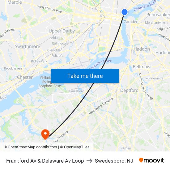 Frankford Av & Delaware Av Loop to Swedesboro, NJ map