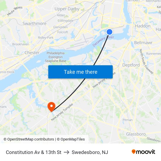 Constitution Av & 13th St to Swedesboro, NJ map