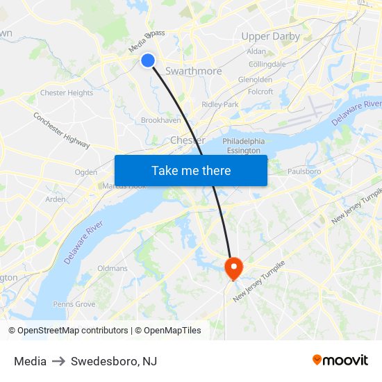 Media to Swedesboro, NJ map