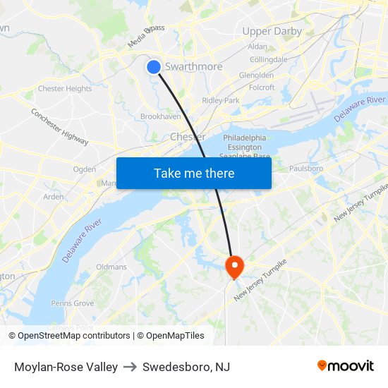 Moylan-Rose Valley to Swedesboro, NJ map